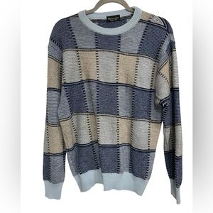 Marcello Made in Italy Blue Tan Merino Wool Blend Knit Sweater Sz L